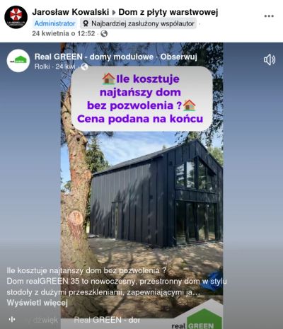 Przykład posta z realizacją domu z płyt warstwowych w grupie na Facebooku