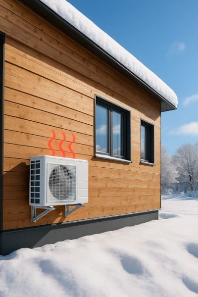 Jednostka zewnętrzna klimatyzatora pracująca w trybie grzania zimą, pobierająca ciepło z otoczenia