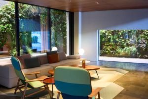 Jasne, nowoczesne wnętrze domu z dużymi oknami i obfitością roślin doniczkowych, podkreślające biofiliczny design.