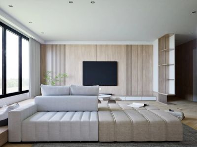 jasny i przestronny salon w nowoczesnym domu pasywnym