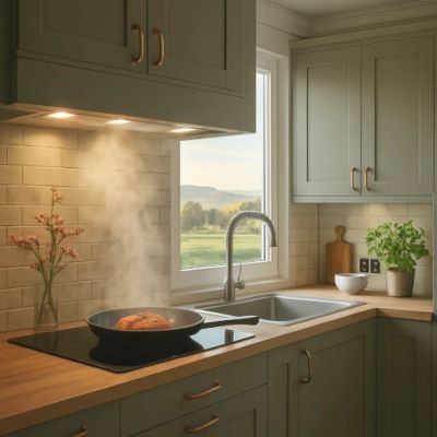 Okap kuchenny wyciągowy intensywnie zasysający parę i opary tłuszczu znad patelni