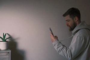 Mężczyzna sterujący inteligentnym oświetleniem w salonie za pomocą tabletu.