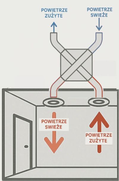 Schemat działania wentylacji mechanicznej z odzyskiem ciepła (rekuperacji)