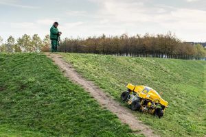 Robot koszący na idealnie przystrzyżonym trawniku