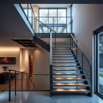 Nowoczesne schody prowadzące na antresolę w domu o konstrukcji stalowej, zapewniające komfortowy dostęp i będące ozdobą wnętrza