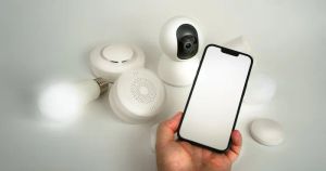 Dłoń ze smartfonem i ikonami inteligentnego domu, symbolizująca intuicyjną kontrolę nad systemami domowymi.